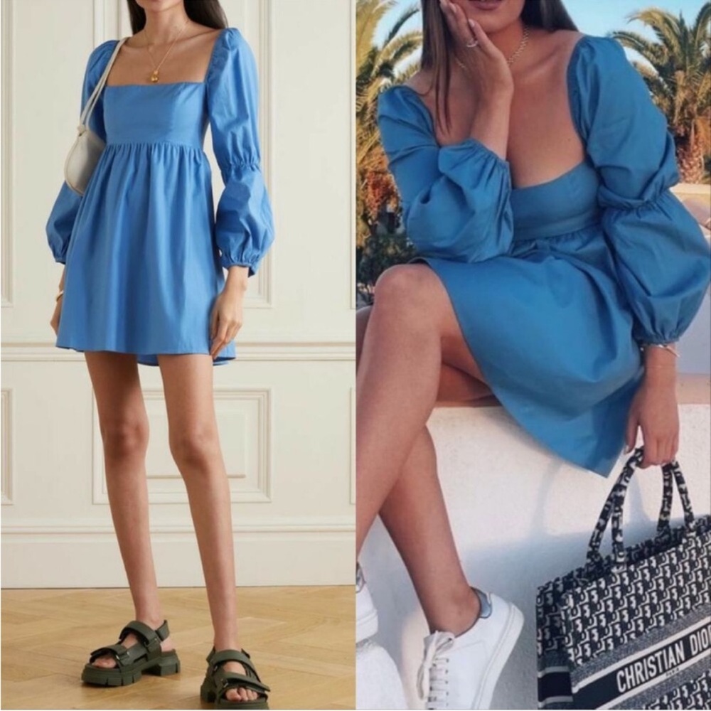 Reformation Michaela Square Neck Puff Sleeve Mini Dress Blue - Picture 2 of 12